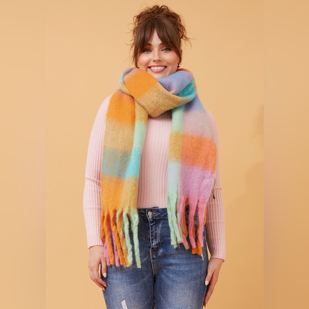 NWOT ASOS DESIGN winter fluffy tassel scarf in bright check